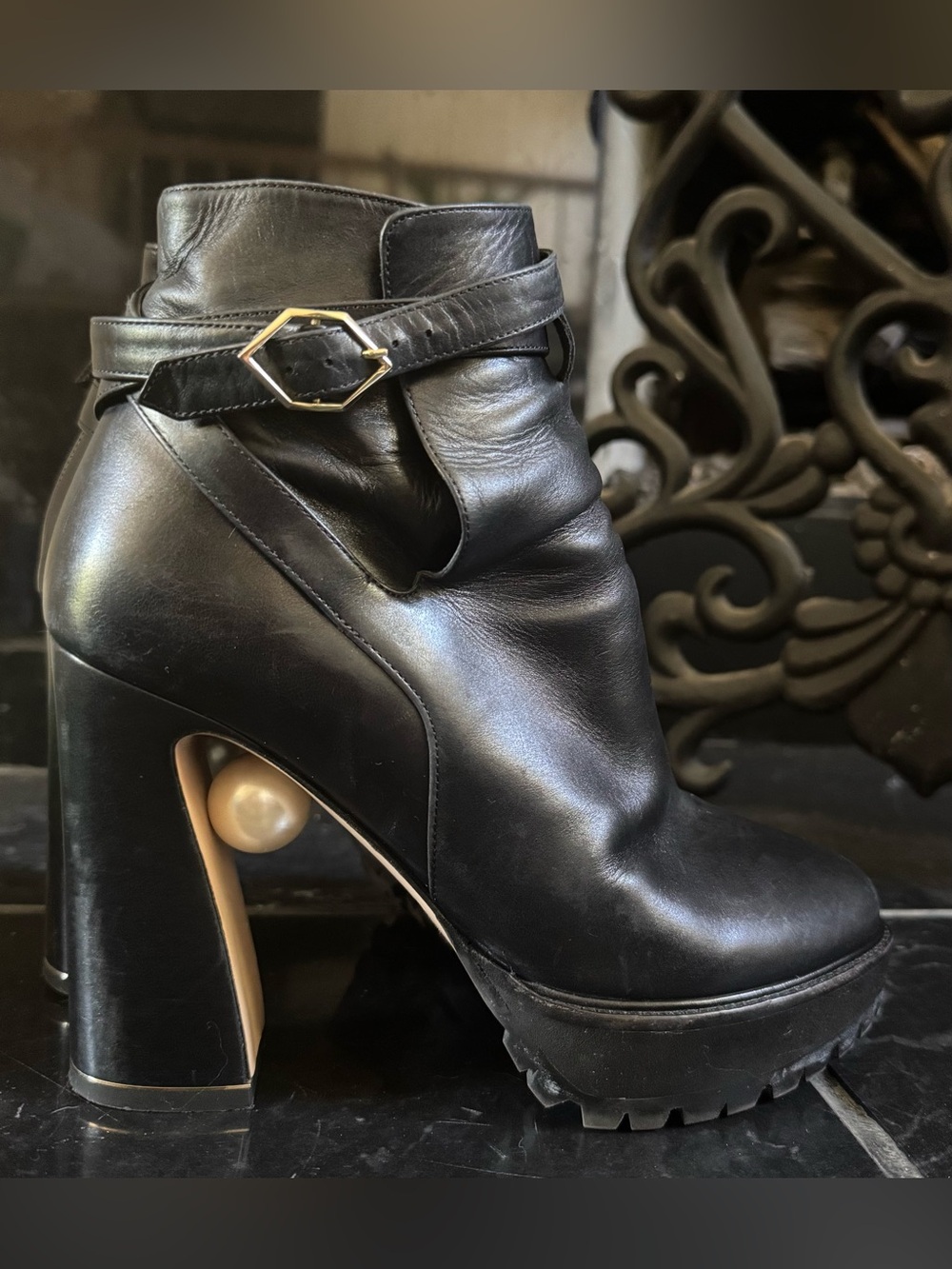 Nicholas Kirkwood Black Leather Ankle Boot with Gold Buckle